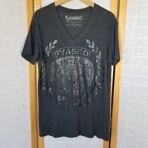 Fyasko Black T-Shirt V-Neck Systema Underground Black Graphic USA Made LARGE